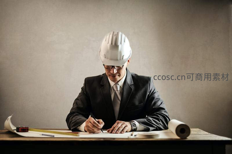 工程师戴安全帽伏案绘制工程图