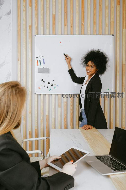 女性在白板前讲解方案会议场景