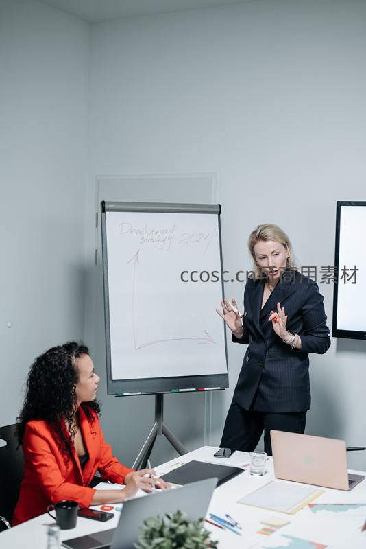 女经理在白板前讲解发展战略