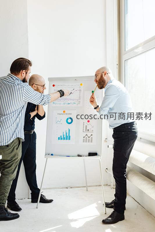 三位商务人士围绕白板讨论财务图表