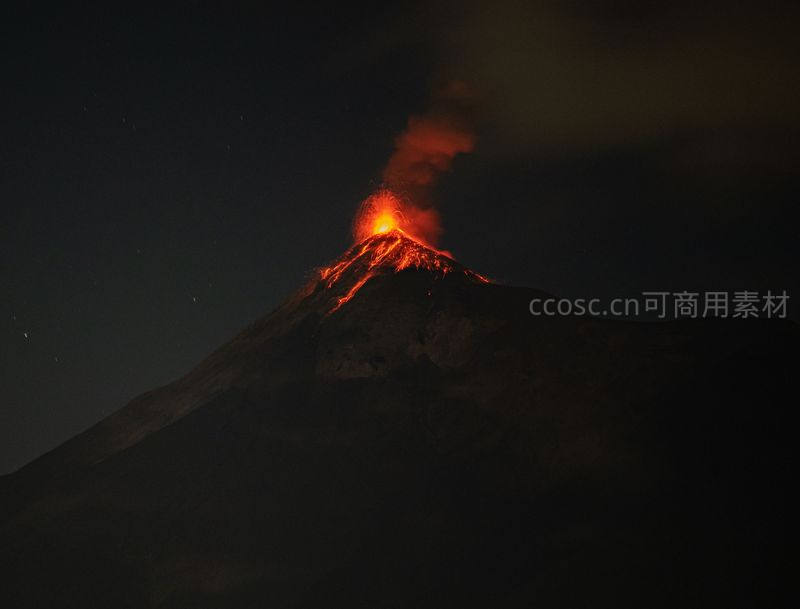 夜幕火山喷发熔岩，火光冲天映星空
