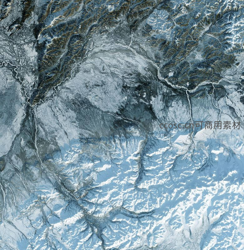 高空俯瞰雪域山脉，冰川河流交织成网