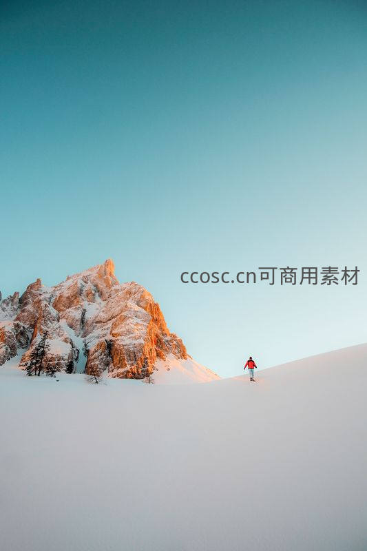 雪原孤影向山行，霞光染峰显寂寥