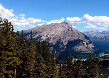 巍峨山峰与苍翠松林的壮丽风景