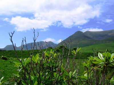 绿野仙踪山峦，蓝天白云下