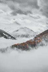云海缭绕山腰间，秋林雪峰共朦胧