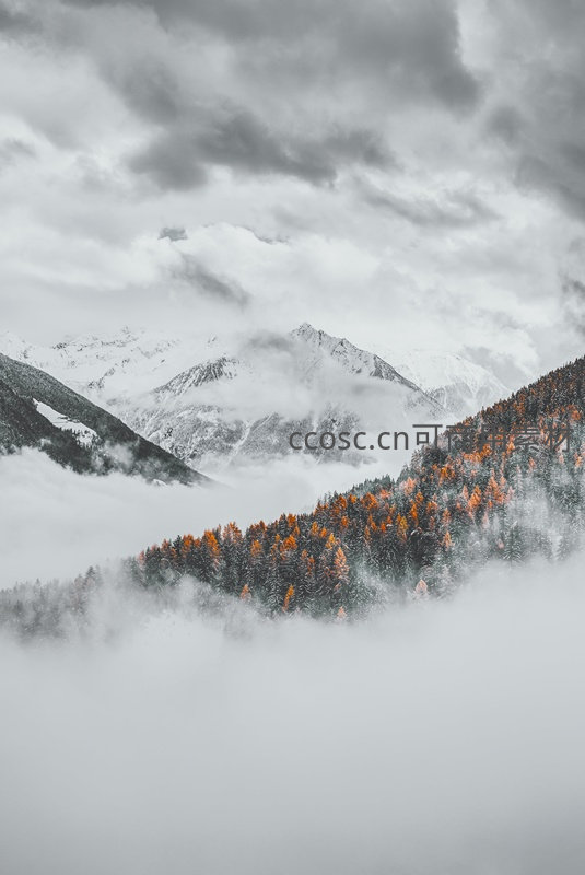 云海缭绕山腰间，秋林雪峰共朦胧