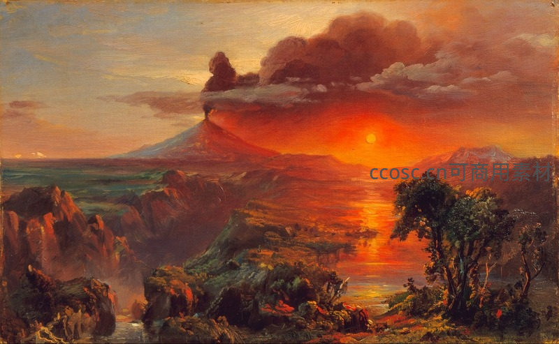 火山喷发日落熔金大地