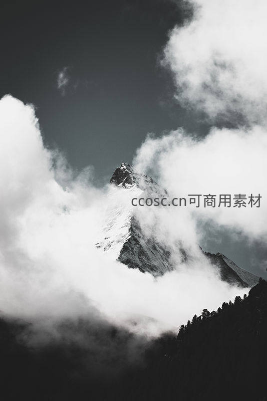 黑白影像中云雾环绕的雪山之巅