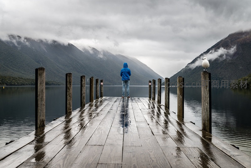 雨后码头独行者，远山静水伴白鹭栖息