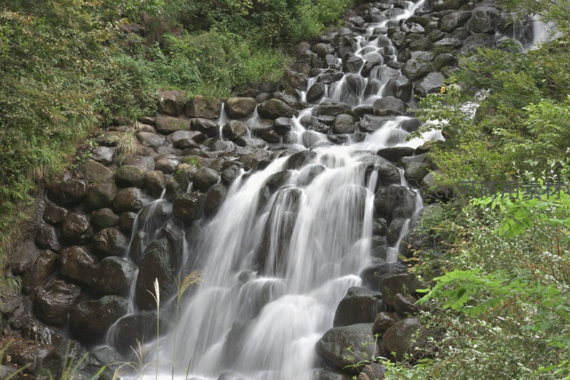 林间瀑布潺潺流过青石叠岩