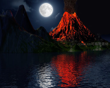 月夜火山喷发映红湖面