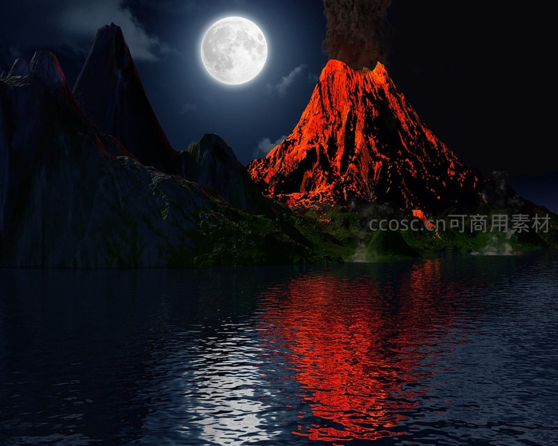 月夜火山喷发映红湖面
