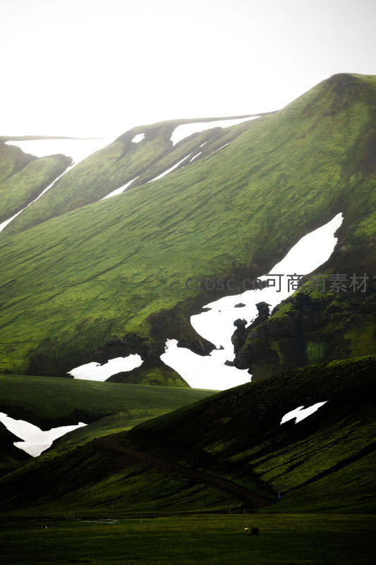 绿坡残雪似泼墨，山野苍翠蕴生机