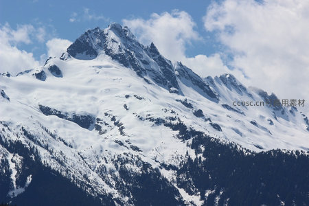 巍峨雪山在蓝天白云下熠熠生辉
