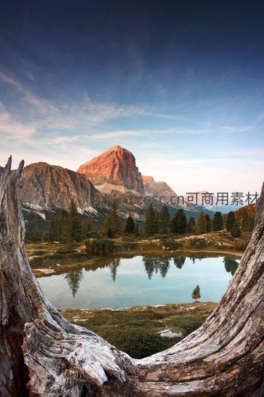 枯木框景，倒影湖中的红色山峰