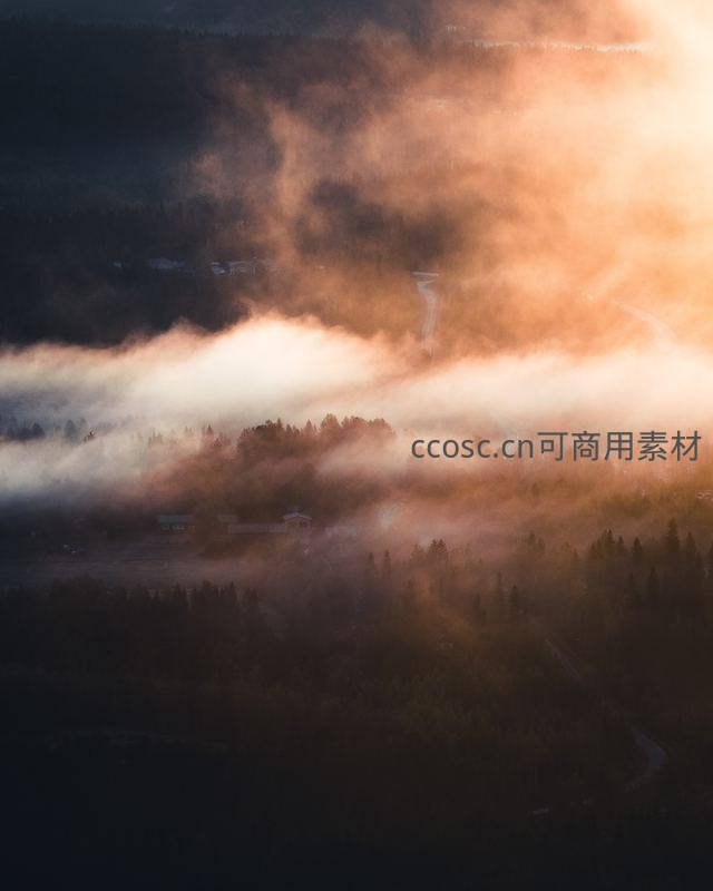 晨雾漫卷山谷间，暖阳穿透林海现村落