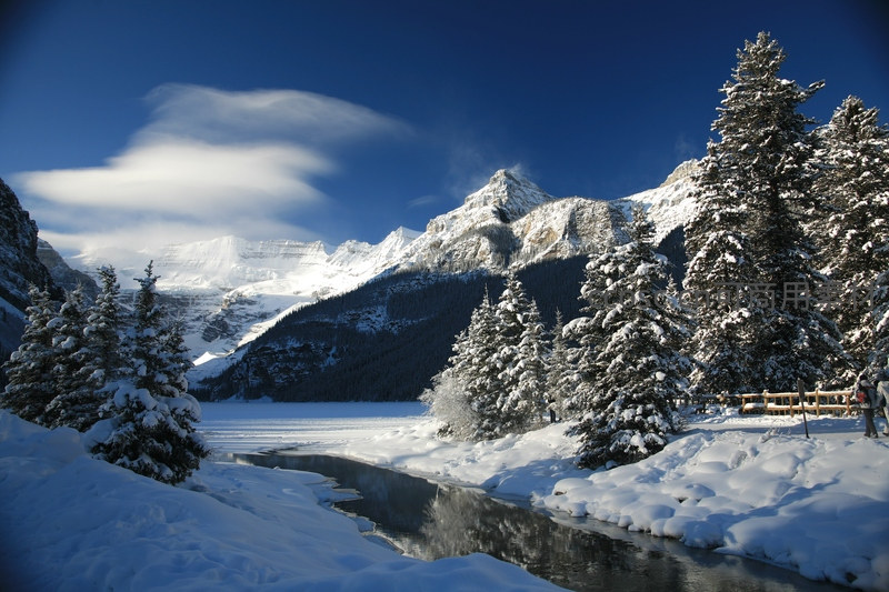 冰湖雪岸松林映衬群峰