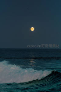 深蓝夜海之上，明月照亮翻涌巨浪
