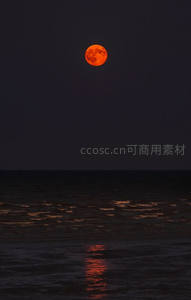 血月悬于海面，倒影如火