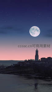 海边灯塔映月华，星夜港口静如画