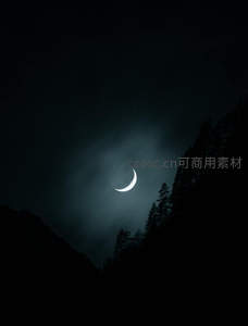 新月如钩，林间薄雾轻拂