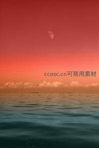 血色天空下弯月悬于海面