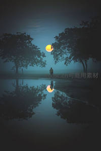 月下湖畔行人，树影倒映水中