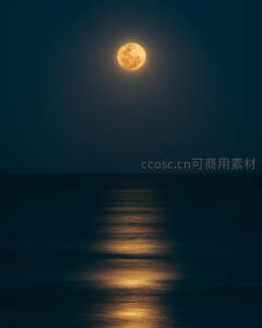 金色满月倒映在平静海面之上