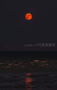 血月升海面，波光粼粼映红辉
