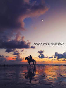 夕阳海滩骑马剪影，新月伴云霞倒映水中