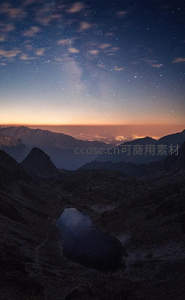 高山湖泊映照银河与远城灯火