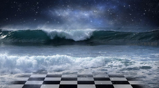 星空下海浪拍打棋盘格海岸