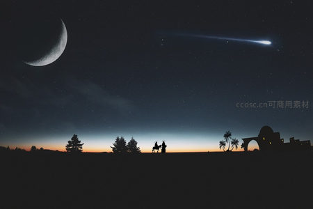 月夜流星划过沙漠古迹剪影