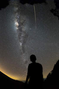 人影仰望流星划过银河天幕