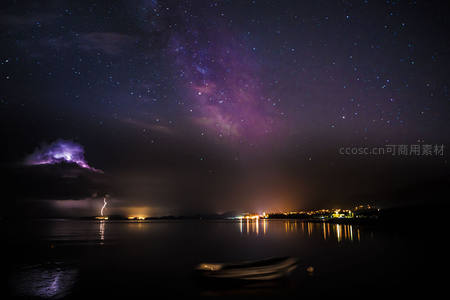 雷暴夜空下湖畔小镇与银河