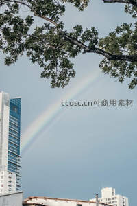高楼间双彩虹划破云层