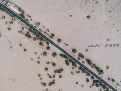 航拍视角下的沙漠公路穿越绿洲
