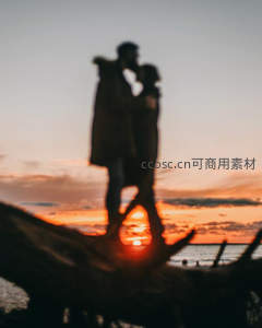 夕阳剪影中的浪漫拥吻