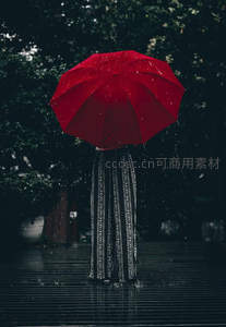 雨中红伞独行显孤寂