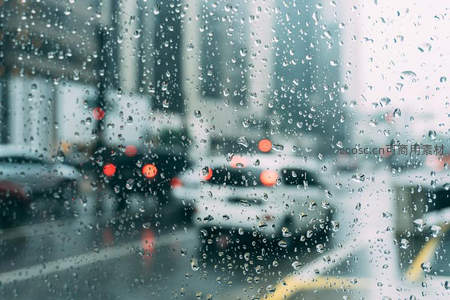 车窗雨珠，城市街景朦胧