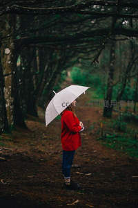 红衣女子撑白伞，幽径森林雨中行