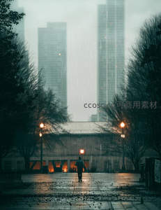 雨中孤影，高楼林立下的城市剪影