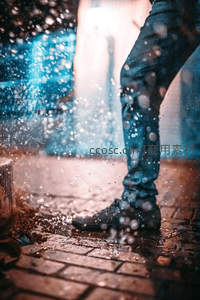 街头溅起水花，脚步踏碎雨幕