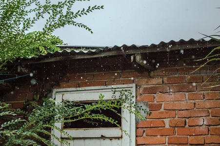 雨中红砖老屋的静谧