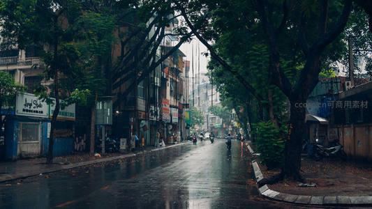 雨后湿漉街道，绿树成荫行人稀