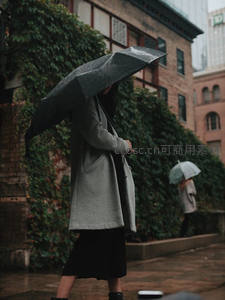 雨中行人撑伞漫步城市街巷
