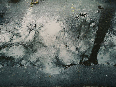 雨滴落在水洼泛起层层涟漪