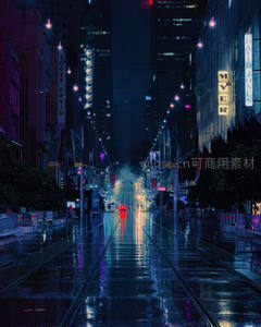 霓虹雨夜，都市街道光影迷离