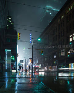 雨夜都市霓虹闪烁街景